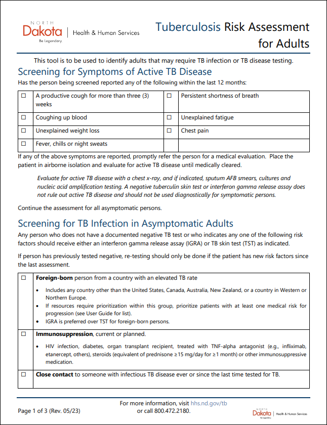 Tuberculosis Risk Assessment for Adults